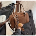 Brown matte leather Boston handbag with adjustable shoulder strap and glove charm - Brown with Pendant