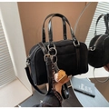 Classic black frosted leather Boston bag with baseball charms and adjustable strap - Black with Pendant
