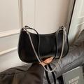 Classic black leather saddle bag with silver chain strap and minimalist round design - Black