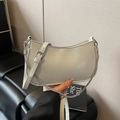 Chic beige half-moon shoulder bag in smooth faux leather with silver chain strap - Blue