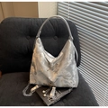 Silver metallic hobo tote bag with butterfly pearl charm and chain strap detail - Silver