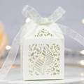 White laser-cut leaf gift box with pearl paper finish and silk ribbon for wedding candy - Ivory