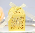 Detailed laser-cut leaf pattern on yellow pearlescent gift box with organza ribbon - Gold