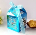 Shiny blue laser-cut heart candy box with ribbon bow for weddings and gifts - Reflective Blue