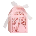 Pink laser-cut wedding favor box with bride groom silhouette and organza ribbon - Pink