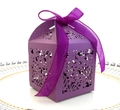 Purple laser-cut floral wedding favor candy box with translucent ribbon on white plate - Dark Purple