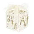 Laser cut wedding favor box with bride and groom silhouette in elegant off-white paper - Ivory White