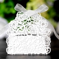 Elegant white laser-cut rose hollow candy box with organza ribbon for wedding decor - White