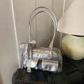 Vintage silver PU leather large shoulder bag with shiny metallic finish and bow - Silver