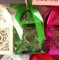 Green laser-cut heart candy box with metallic finish and decorative satin ribbon - Reflective Green