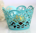 Teal laser-cut lace cupcake wrapper with intricate scroll patterns on pearlescent paper - 5cm / Tiffany Blue