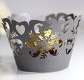 Detailed laser-cut silver cupcake wrapper with heart and bird patterns and a gold chocolate - Silver Charcoal