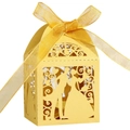 Laser-cut wedding candy boxes featuring bride and groom silhouettes with yellow ribbon - Gold