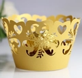 Golden laser-cut cupcake wrapper with heart and bird patterns for elegant dessert decoration - Gold