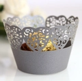 Detail showing laser-cut silver cupcake wrapper with heart and floral hollow patterns - 5cm / Silver Charcoal