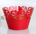 Laser cut red lace cupcake wrapper with elegant filigree vine pattern for wedding decor - Pearlescent Red