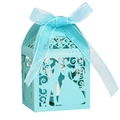 Scatola bomboniera azzurra tagliata al laser con silhouette di sposi e nastro in raso - Blu Tiffany