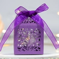Purple laser-cut hollow leaf favor box with a matching satin ribbon bow for wedding party - Dark Purple