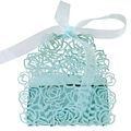 Elegant light blue laser-cut rose gift box with matching silk ribbon for wedding party favors - Pearlescent Light Blue