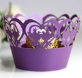 Elegant purple laser-cut cupcake wrappers with heart and lovebird design for weddings - Dark Purple