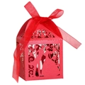 Red laser-cut wedding candy box with bride and groom silhouette and ribbon detail - Pearlescent Red