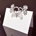White laser-cut place card with rose and Love heart design for wedding table decor - White