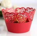 Red laser-cut cupcake wrappers with hollow heart and floral patterns for cake decoration - 5cm / Pearlescent Red