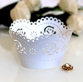 Elegant white laser-cut rose cupcake wrappers for wedding and party decorations - White