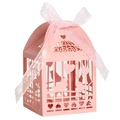 Pink laser-cut birdcage candy box with heart motifs and a matching silk ribbon bow - Pink