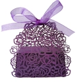 Purple hollow rose paper candy box with laser cut design and ribbon bow on white background - Dark Purple