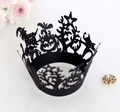 Laser cut black Halloween cupcake wrappers featuring witch, pumpkin and spider web motifs - Black