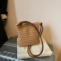 Sac bandoulière en paille tissée à la main avec bandoulière en cuir marron pour les vacances - Kaki (Sans Pendentif)