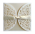 Élégante invitation de mariage découpée au laser avec dentelle blanche et ruban - Blanc