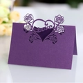Detailed laser-cut purple place card featuring rose motifs and a hollow Love heart design - Deep purple