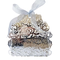 Elegant laser-cut wedding candy box with rose patterns and a blue satin ribbon bow - Reflective Silver
