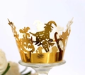 Laser cut Halloween cupcake wrappers in shiny gold featuring witch, pumpkin and bat motifs - Reflective Gold