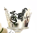 Laser cut Halloween cupcake wrappers in silver mirror finish with witch and castle design - Reflective Silver