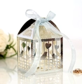 Detail von lasergeschnittenen Vogelmustern auf Perlglanz-Geschenkbox mit blauem Band - Reflektierendes Silber