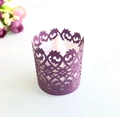 Purple laser-cut hollow paper lampshade with white LED candle on white background - Dark Purple