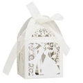 Laser cut wedding favor box detail featuring bride and groom silhouette with white ribbon - Silver