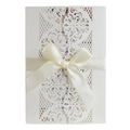 Laser cut floral hollow wedding invitation cover with cream ribbon bow and pearl paper - Ivory