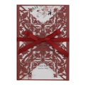 Elegant laser cut burgundy wedding invitation with floral insert and silk ribbon bow - Dark Red