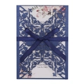 Laser-cut champagne floral wedding invitation with navy blue hollow cover and ribbon bow - Iridescent Blue