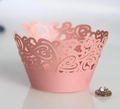 Pink laser-cut cupcake liners with heart vine patterns and rhinestone decoration - Pink