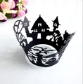 Laser-cut black Halloween cupcake wrappers featuring spooky castle and RIP tombstone detail - RIP Spooky Castle Style (WB-221)