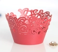 Elegant red laser-cut heart pattern cupcake wrappers with pearl finish for weddings - Pearlescent Red