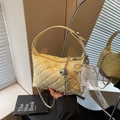 Quilted crossbody bag in pale yellow with pearl lace charms and metal chain strap - Yellow