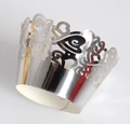 Silver laser-cut cupcake wrappers with heart and scroll patterns for dessert display - Reflective Silver
