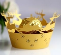 Laser-cut gold cupcake wrapper featuring Christmas reindeer and snowflake hollow patterns - Gold