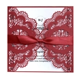 Red laser cut floral wedding invitation suite with silk ribbon and white insert card - Dark Red
